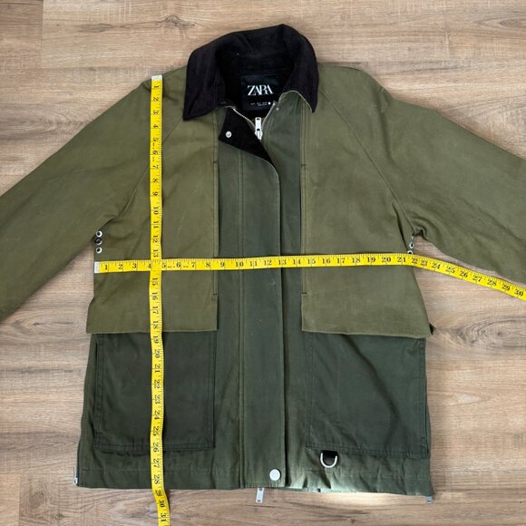 Zara Women's Green Waxed Canvas Jacket Chore Coat Corduroy Collar Oversized S - Picture 8 of 14